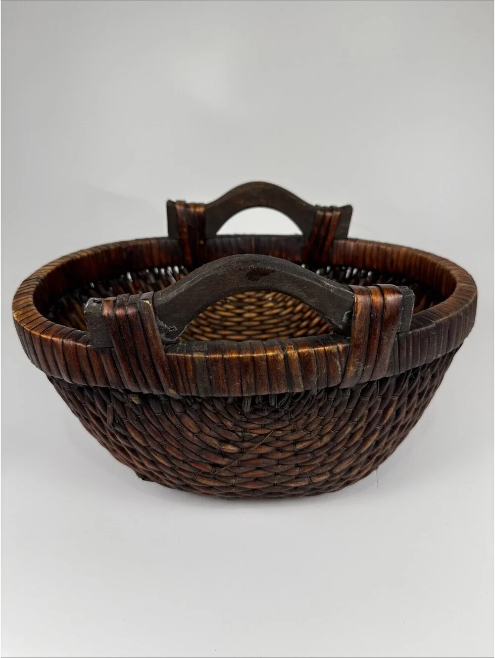Antique Chinese Willow Basket Hand Woven Pegged Wood Handle Rice Gathering Bowl